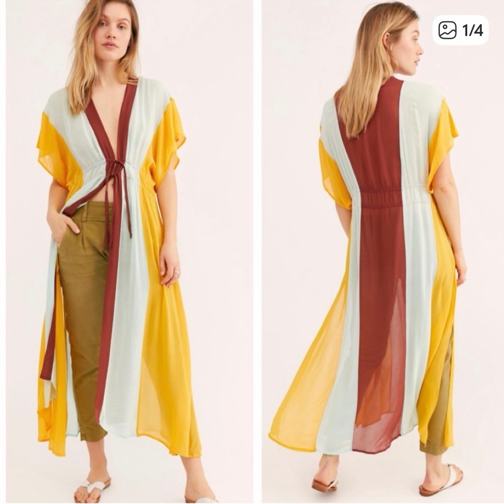 Free People Colorblock Tie-Front Maxi Cardigan - Mustard, Rust & Pale Blue